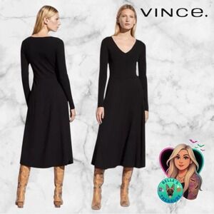VINCE Mixed Media VNeck Midi Dress Medium Black Long Sleeve Knit Crepe Fit Flare
